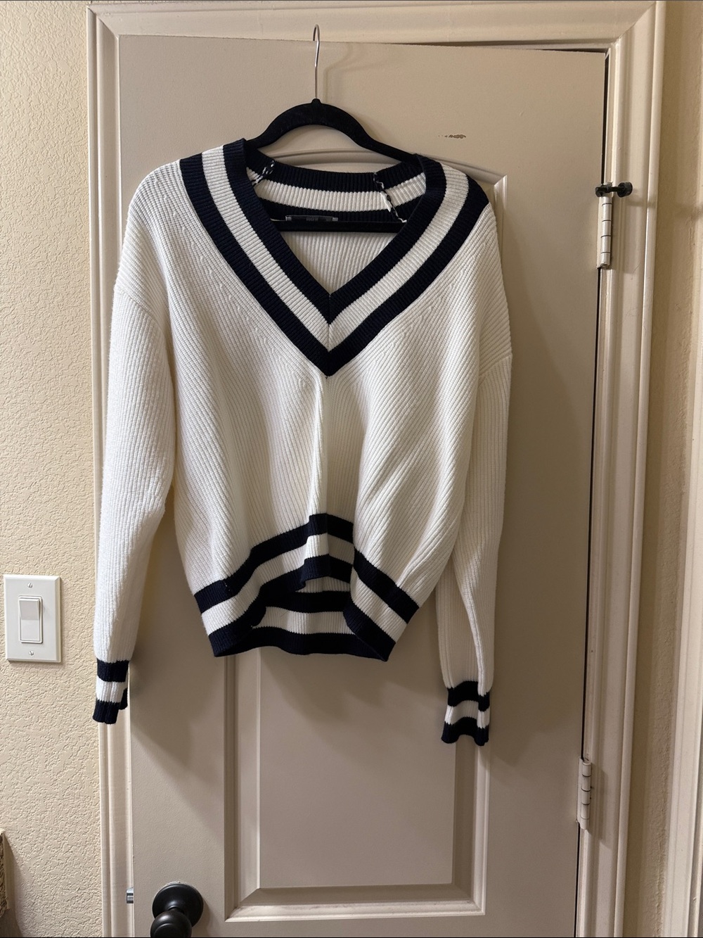 Mango White V-Neck Sweater with Navy Trim